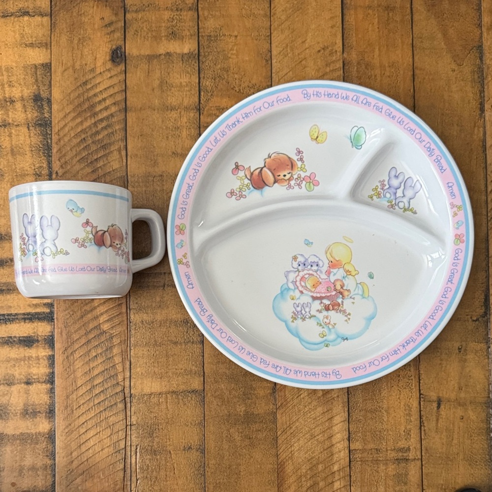 1987 Precious Moments Melamine Kids Plate and Cup Set